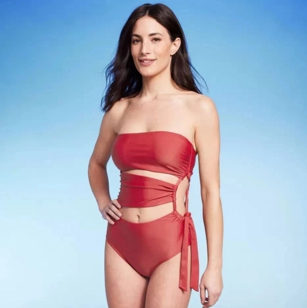 NWT Shade & Shore Women's Bandeau Strapless Red 1 PC Swimsuit L 12-14